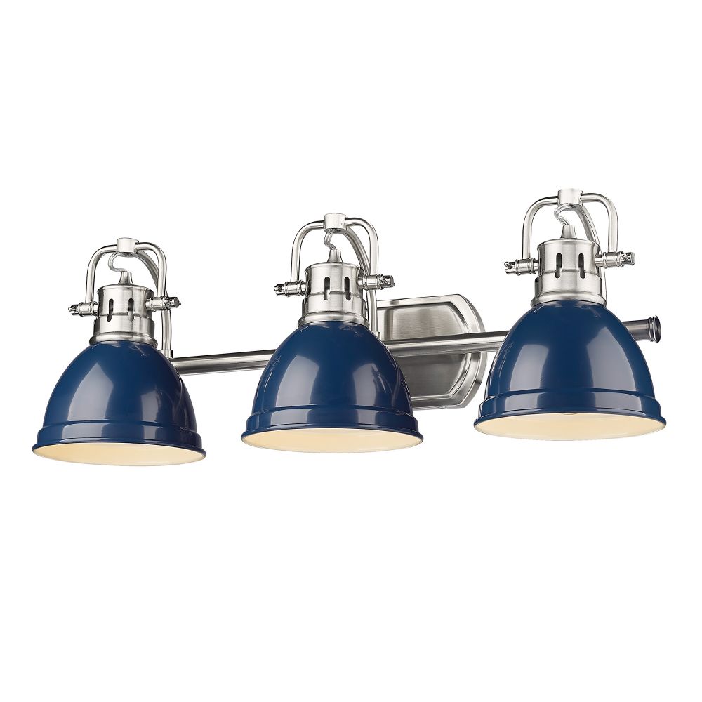 Golden Lighting 3602-BA3 PW-NVY Duncan PW 3 Light Bath Vanity in Pewter with Navy Blue Shade Shade
